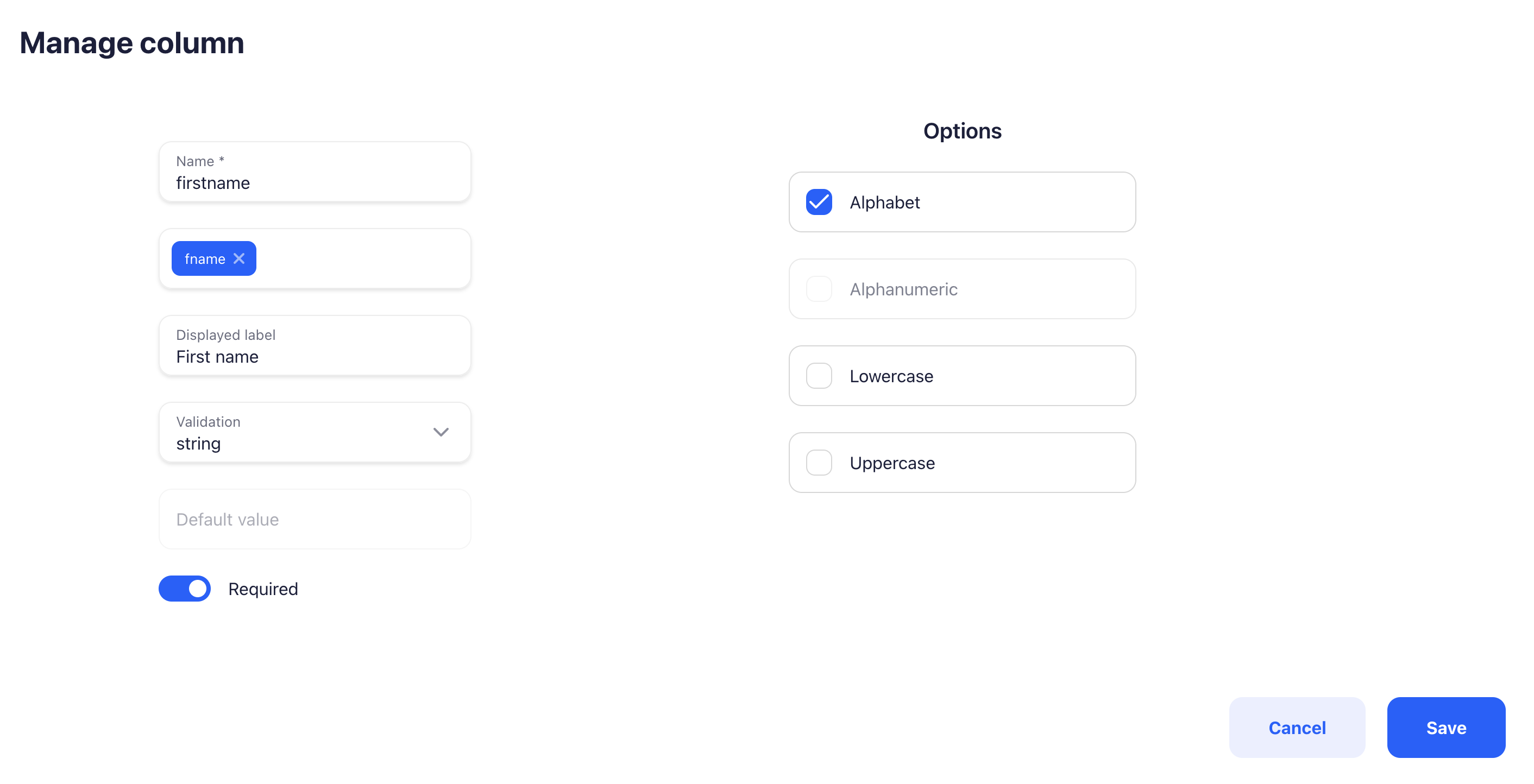 Template creation column modal screenshot